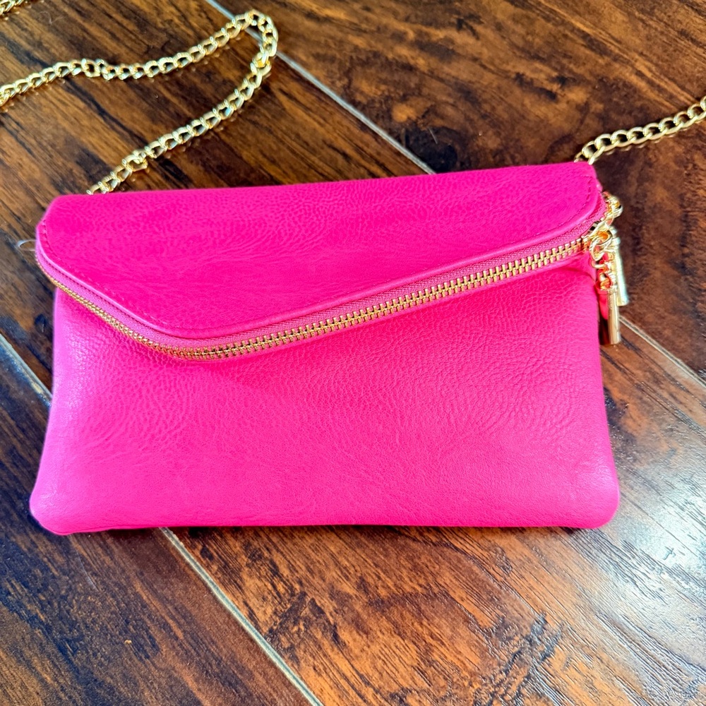 Hot Pink Crossbody Clutch with Gold Chain/Wristlet NWT